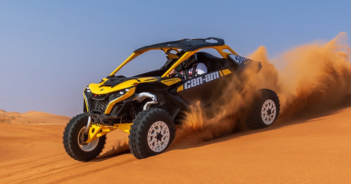 Can-am buggy drifting in the Sahara desert